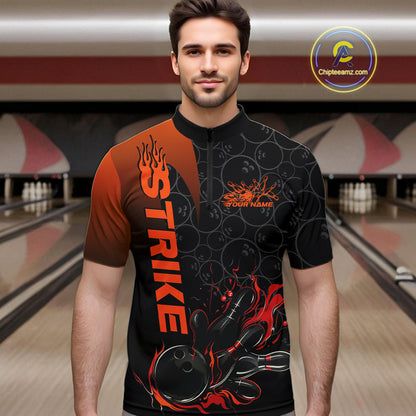 Custom Bowling Pattern Red Flame Strike Bowling Team Men Quarter-Zip Shirts, Bowling Jerseys IPHW9415