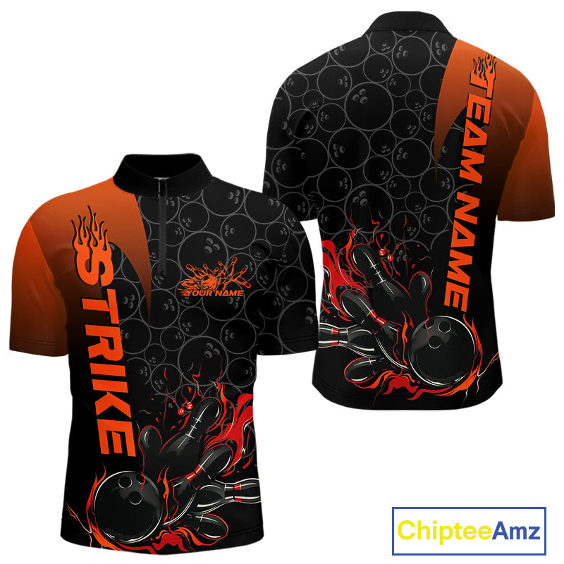 Custom Bowling Pattern Red Flame Strike Bowling Team Men Quarter-Zip Shirts, Bowling Jerseys IPHW9415