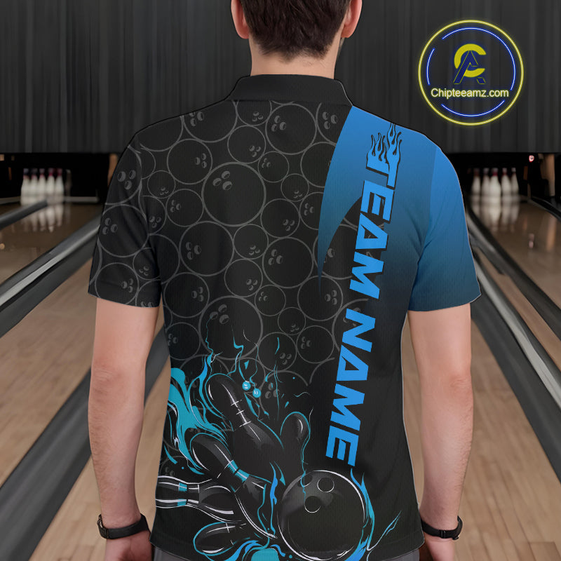 Custom Bowling Pattern Blue Flame Strike Bowling Team Men Polo Shirts, Bowling Jerseys IPHW9416