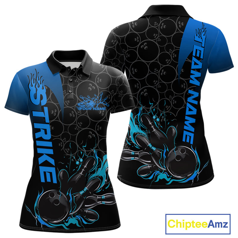 Custom Bowling Pattern Blue Flame Strike Bowling Team Women Polo Shirts, Bowling Jerseys IPHW9416