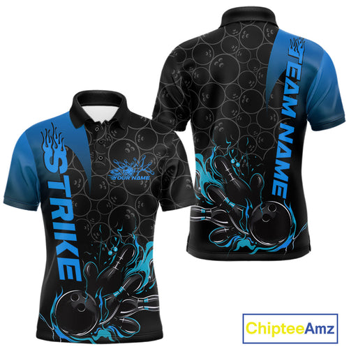 Custom Bowling Pattern Blue Flame Strike Bowling Team Men Polo Shirts, Bowling Jerseys IPHW9416