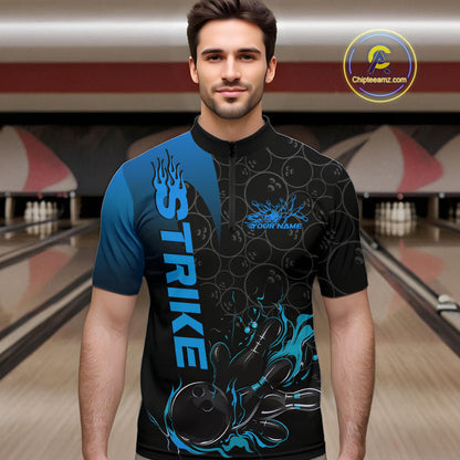 Custom Bowling Pattern Blue Flame Strike Bowling Team Men Quarter-Zip Shirts, Bowling Jerseys IPHW9416
