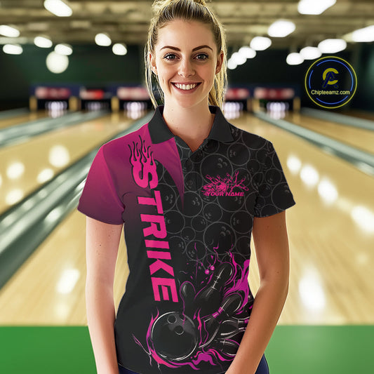 Custom Bowling Pattern Pink Flame Strike Bowling Team Women Polo Shirts, Bowling Jerseys IPHW9417