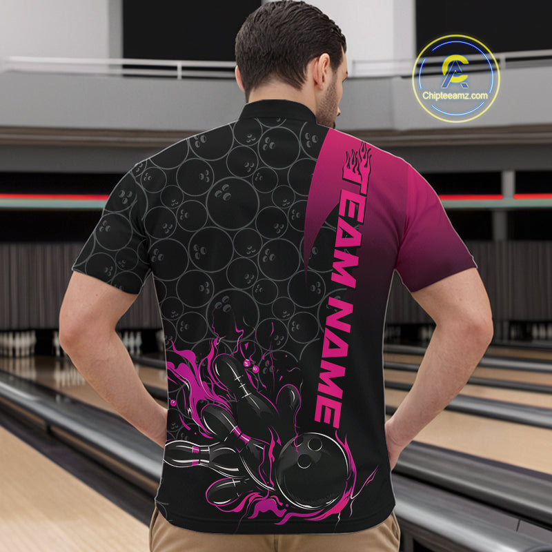 Custom Bowling Pattern Pink Flame Strike Bowling Team Men Quarter-Zip Shirts, Bowling Jerseys IPHW9417
