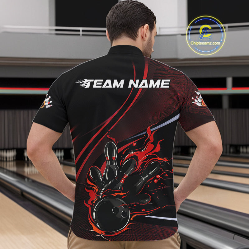 Custom Black And Red Fire Flame Bowling Team Men Quarter-Zip Shirts, Bowling Jerseys IPHW9418