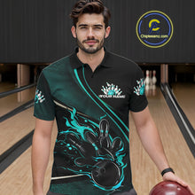 Load image into Gallery viewer, Custom Black And Blue Fire Flame Bowling Team Men Polo Shirts, Bowling Jerseys IPHW9419