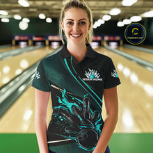 Load image into Gallery viewer, Custom Black And Blue Fire Flame Bowling Team Women Polo Shirts, Bowling Jerseys IPHW9419
