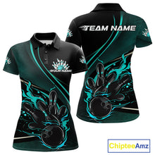 Load image into Gallery viewer, Custom Black And Blue Fire Flame Bowling Team Women Polo Shirts, Bowling Jerseys IPHW9419