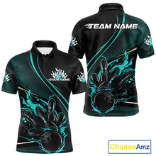 Load image into Gallery viewer, Custom Black And Blue Fire Flame Bowling Team Men Polo Shirts, Bowling Jerseys IPHW9419