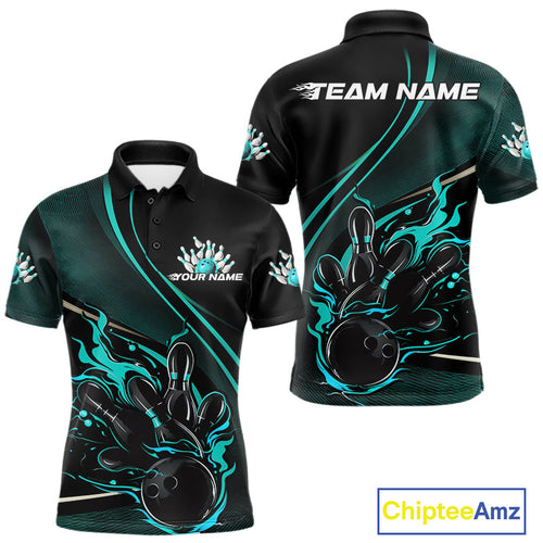 Custom Black And Blue Fire Flame Bowling Team Men Polo Shirts, Bowling Jerseys IPHW9419