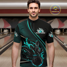 Load image into Gallery viewer, Custom Black And Blue Fire Flame Bowling Team Men Quarter-Zip Shirts, Bowling Jerseys IPHW9419