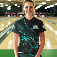 Load image into Gallery viewer, Custom Black And Blue Fire Flame Bowling Team Women Quarter-Zip Shirts, Bowling Jerseys IPHW9419