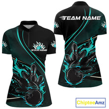 Load image into Gallery viewer, Custom Black And Blue Fire Flame Bowling Team Women Quarter-Zip Shirts, Bowling Jerseys IPHW9419