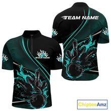Load image into Gallery viewer, Custom Black And Blue Fire Flame Bowling Team Men Quarter-Zip Shirts, Bowling Jerseys IPHW9419