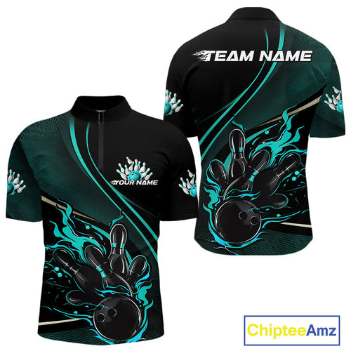 Custom Black And Blue Fire Flame Bowling Team Men Quarter-Zip Shirts, Bowling Jerseys IPHW9419