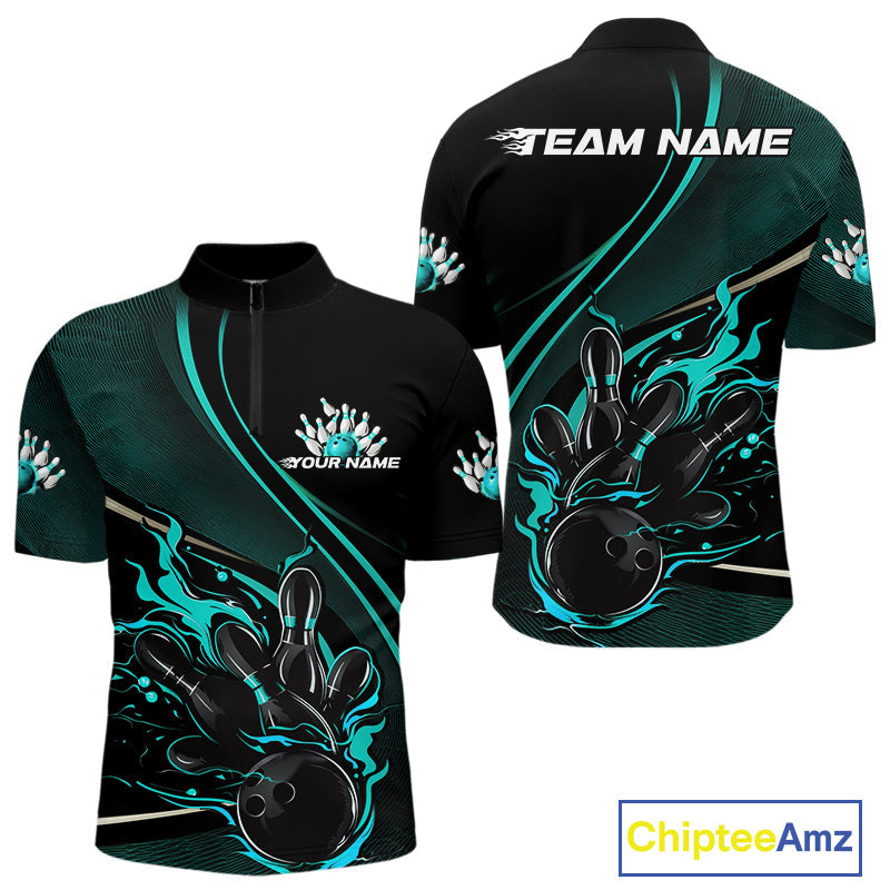 Custom Black And Blue Fire Flame Bowling Team Men Quarter-Zip Shirts, Bowling Jerseys IPHW9419