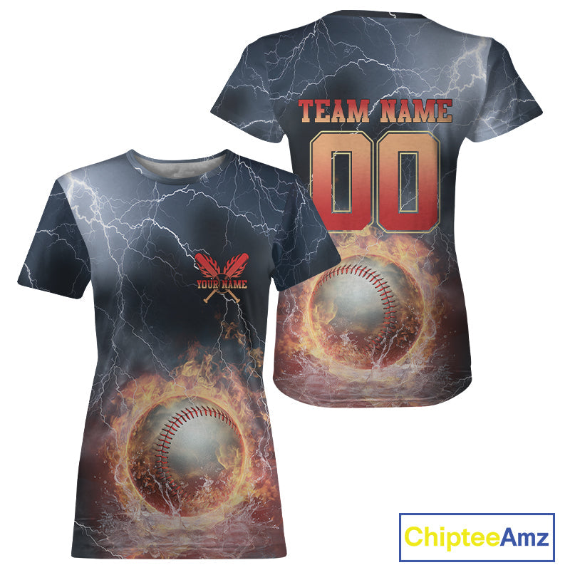 Custom Name And Number Thunder Lightning Flame Baseball Team Women T-Shirts IPHW9585