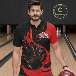 Custom Black And Red Flame Bowling Polo Shirts For Men, Bowling Tournament Team Uniform IPHW9245