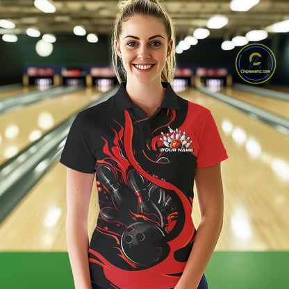 Custom Black And Red Flame Bowling Polo Shirts For Women, Bowling Tournament Team Uniform IPHW9245