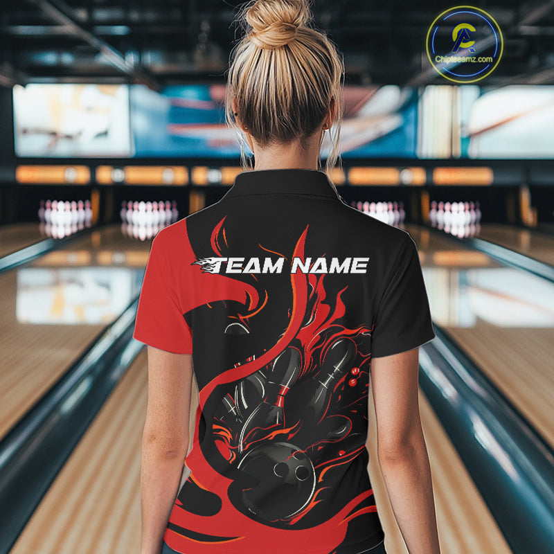 Custom Black And Red Flame Bowling Polo Shirts For Women, Bowling Tournament Team Uniform IPHW9245