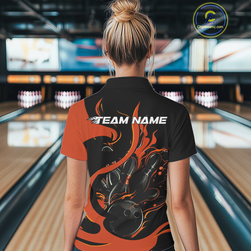 Custom Black And Orange Flame Bowling Women Polo Shirts, Bowling Tournament Team Uniform IPHW9246