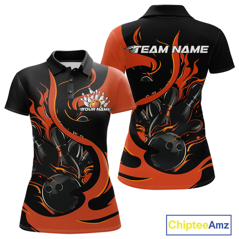 Custom Black And Orange Flame Bowling Women Polo Shirts, Bowling Tournament Team Uniform IPHW9246