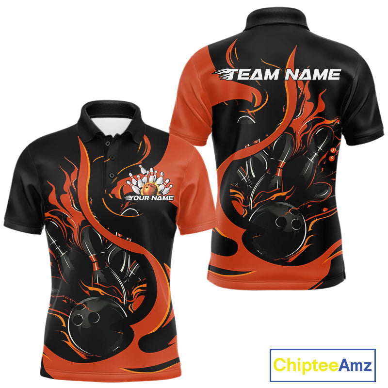 Custom Black And Orange Flame Bowling Polo Shirts For Men, Bowling Tournament Team Uniform IPHW9246