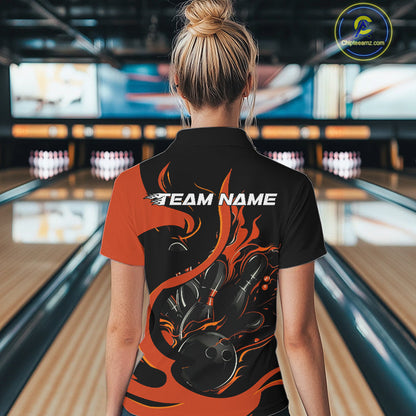 Custom Black And Orange Flame Bowling Women Quarter-Zip Shirt, Bowling Team Uniform IPHW9246