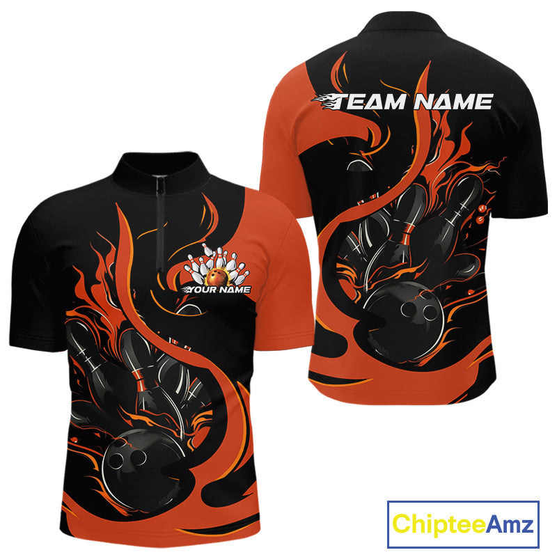 Custom Black And Orange Flame Bowling Quarter-Zip Shirts For Men, Bowling Tournament Team Uniform IPHW9246