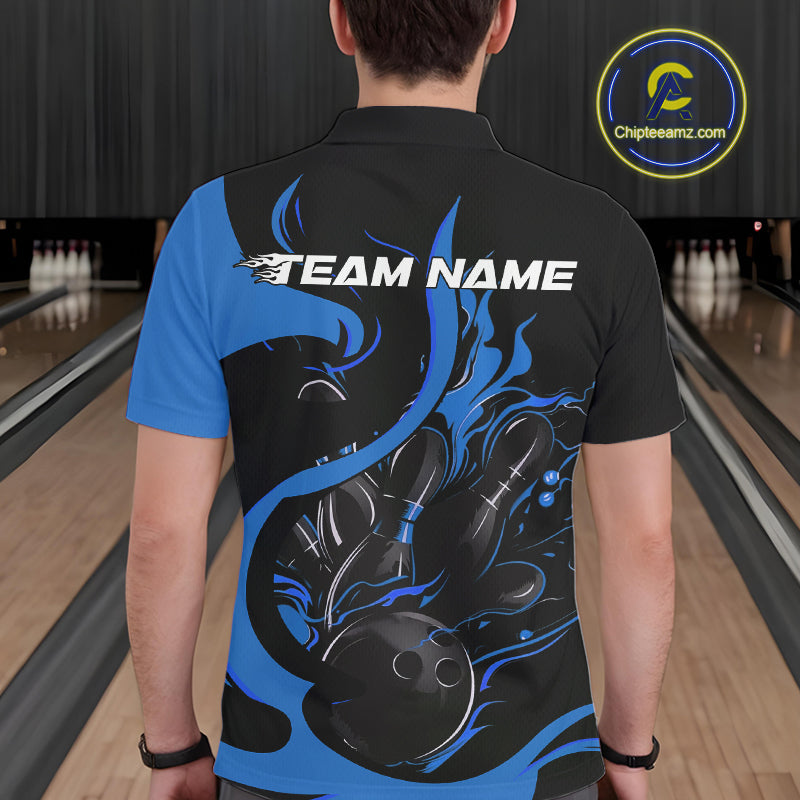 Custom Black And Blue Flame Bowling Polo Shirts For Men, Bowling Tournament Team Uniform IPHW9247