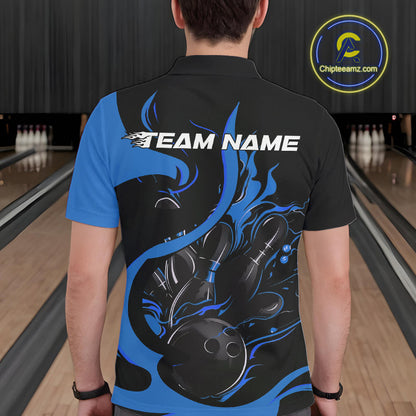Custom Black And Blue Flame Bowling Polo Shirts For Men, Bowling Tournament Team Uniform IPHW9247
