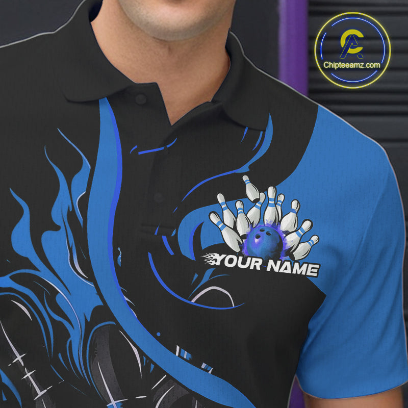 Custom Black And Blue Flame Bowling Polo Shirts For Men, Bowling Tournament Team Uniform IPHW9247