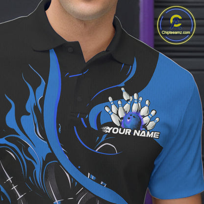 Custom Black And Blue Flame Bowling Polo Shirts For Men, Bowling Tournament Team Uniform IPHW9247