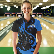 Load image into Gallery viewer, Custom Black And Blue Flame Bowling Polo Shirt For Women, Bowling Tournament Team Uniform IPHW9247