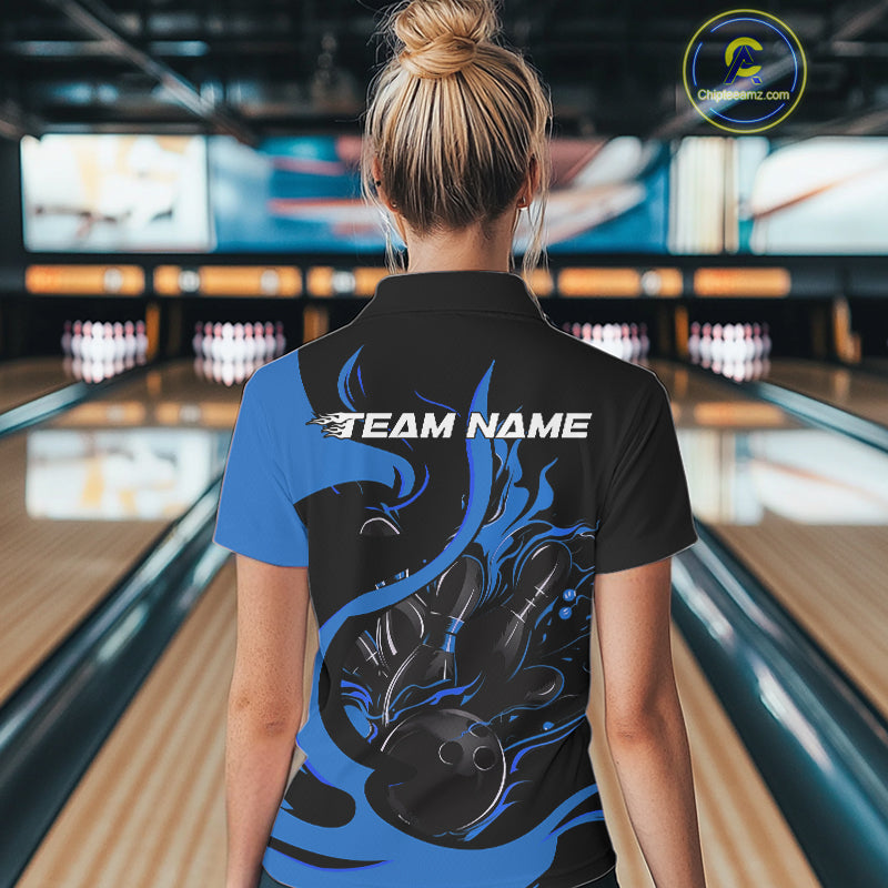 Custom Black And Blue Flame Bowling Polo Shirt For Women, Bowling Tournament Team Uniform IPHW9247