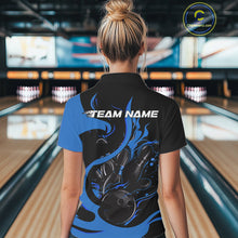 Load image into Gallery viewer, Custom Black And Blue Flame Bowling Polo Shirt For Women, Bowling Tournament Team Uniform IPHW9247