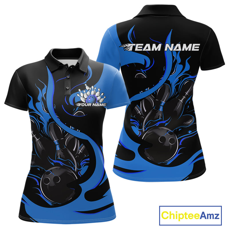Custom Black And Blue Flame Bowling Polo Shirt For Women, Bowling Tournament Team Uniform IPHW9247