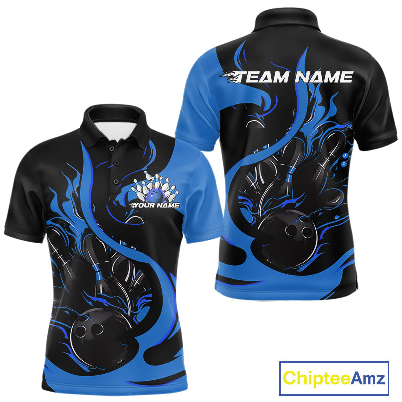 Custom Black And Blue Flame Bowling Polo Shirts For Men, Bowling Tournament Team Uniform IPHW9247