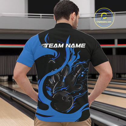 Custom Black And Blue Flame Bowling Quarter-Zip Shirts For Men, Bowling Tournament Team Uniform IPHW9247