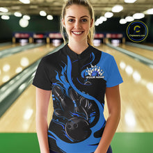 Load image into Gallery viewer, Custom Black And Blue Flame Bowling Women Quarter-Zip Shirt, Bowling Team Uniform IPHW9247