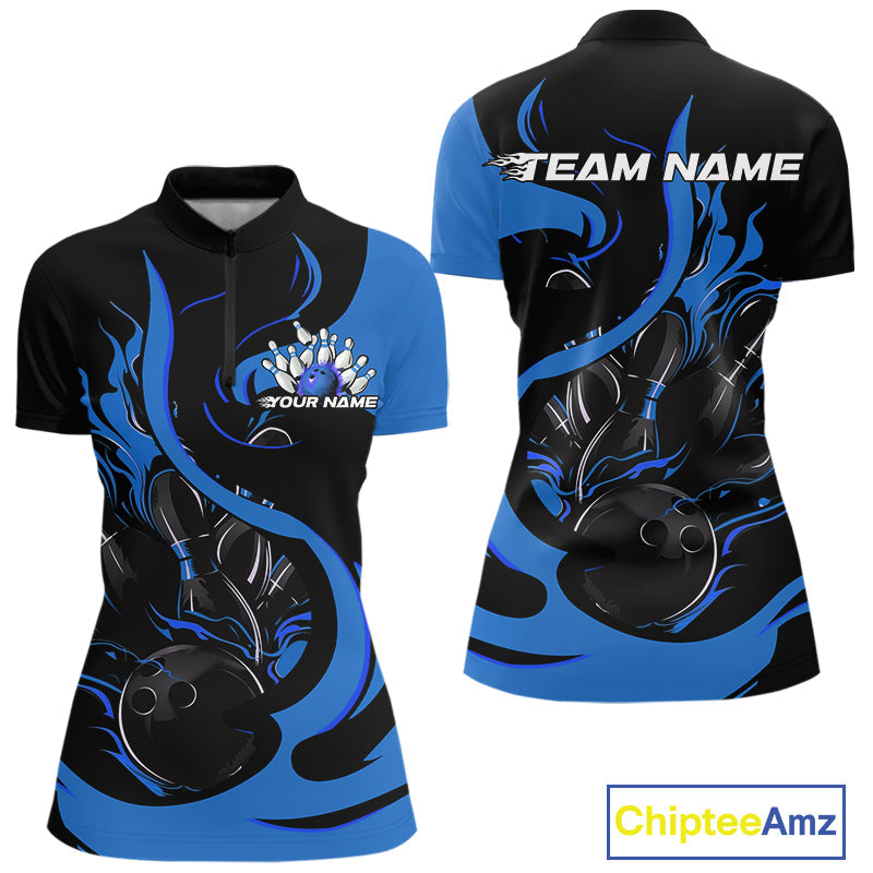 Custom Black And Blue Flame Bowling Women Quarter-Zip Shirt, Bowling Team Uniform IPHW9247
