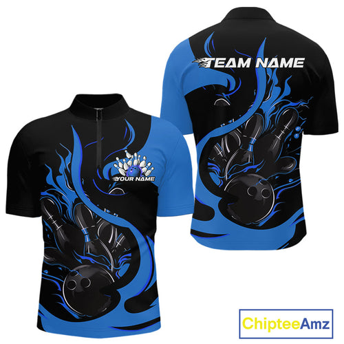 Custom Black And Blue Flame Bowling Quarter-Zip Shirts For Men, Bowling Tournament Team Uniform IPHW9247