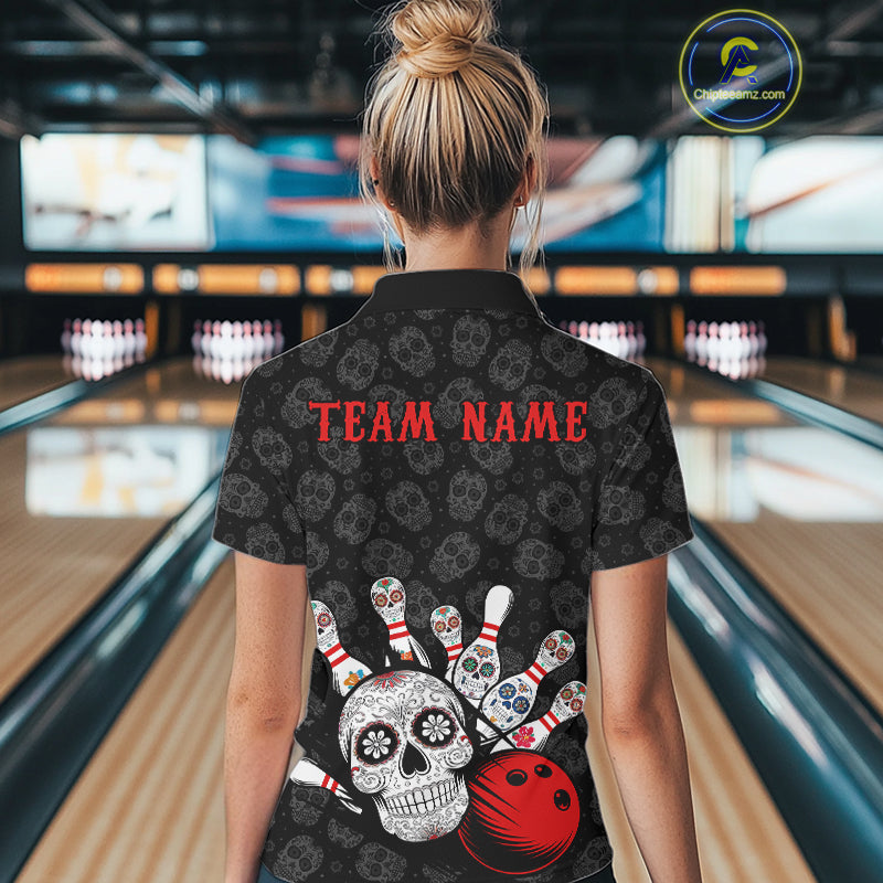 Custom Black And Red Sugar Skull Bowling Team Polo Shirts For Women, Bowling League Shirt IPHW9251