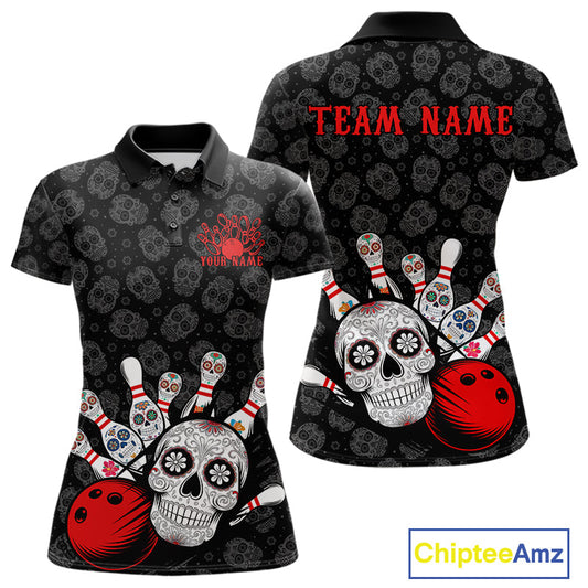 Custom Black And Red Sugar Skull Bowling Team Polo Shirts For Women, Bowling League Shirt IPHW9251