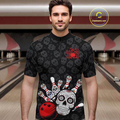 Custom Black And Red Sugar Skull Bowling Team Quarter-Zip Shirts For Men, Bowling League Shirt IPHW9251