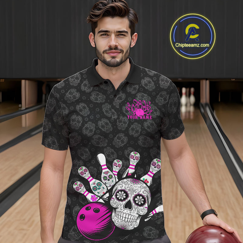 Custom Black And Pink Sugar Skull Bowling Team Polo Shirts For Men, Bowling League Shirt IPHW9252