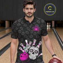 Load image into Gallery viewer, Custom Black And Pink Sugar Skull Bowling Team Polo Shirts For Men, Bowling League Shirt IPHW9252