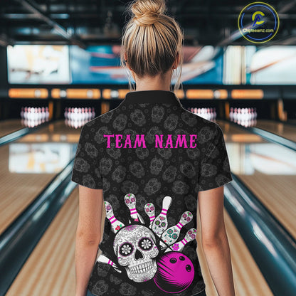 Custom Black And Pink Sugar Skull Bowling Women Quarter-Zip Shirt, Bowling League Shirt IPHW9252