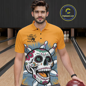 Custom Sugar Skull Bowling Polo Shirts For Men, Halloween Bowling Team Outfit IPHW9253