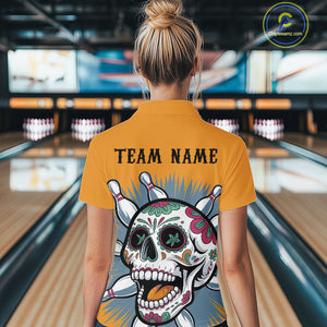 Custom Sugar Skull Bowling Women Quarter-Zip Shirt, Halloween Bowling Team Outfit IPHW9253